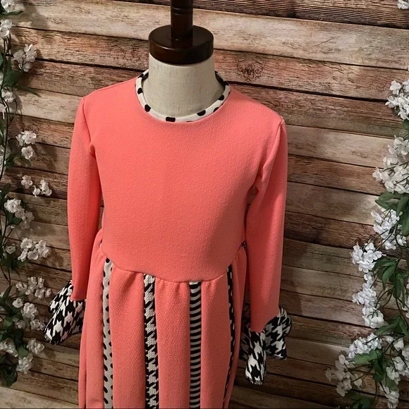 Hot Pink, Black, & White Mixed Pattern Little Girls Scrappy Dress - Picture 3 of 5